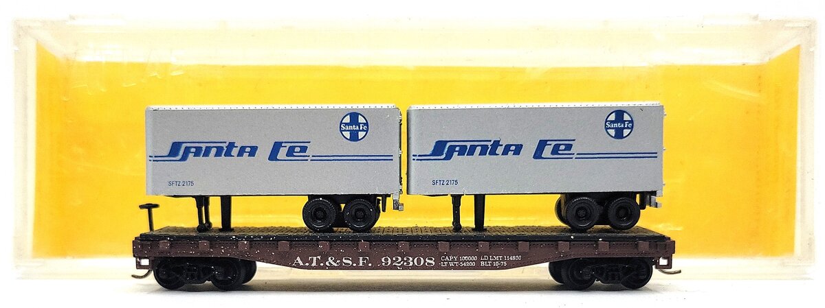 Atlas 3745 N Scale Santa Fe Piggyback Flatcar w/Trailers #92308 EX/Box