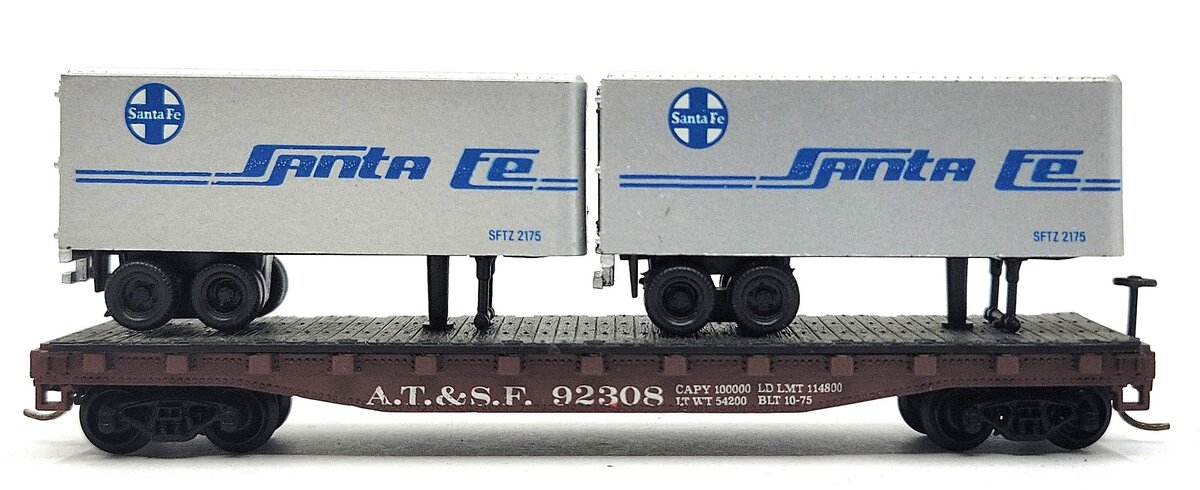 Atlas 3745 N Scale Santa Fe Piggyback Flatcar w/Trailers #92308 EX/Box