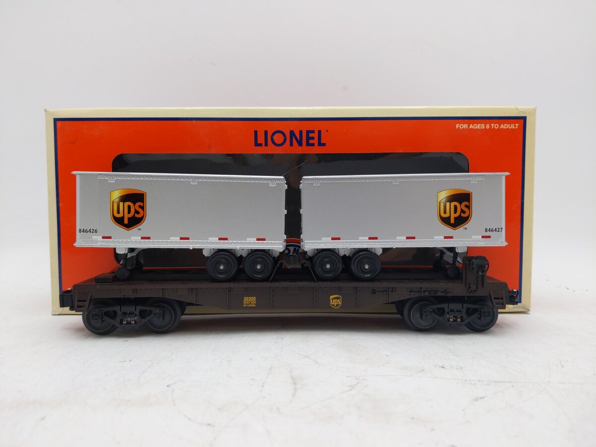 Lionel 6-26300 O Gauge UPS Flatcar with Piggyback Trailers EX/Box