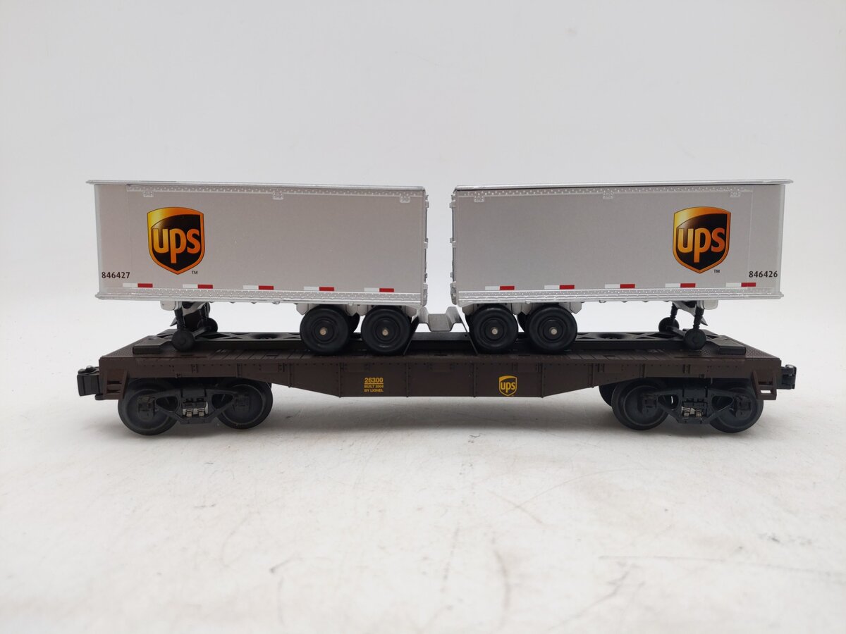 Lionel 6-26300 O Gauge UPS Flatcar with Piggyback Trailers EX/Box