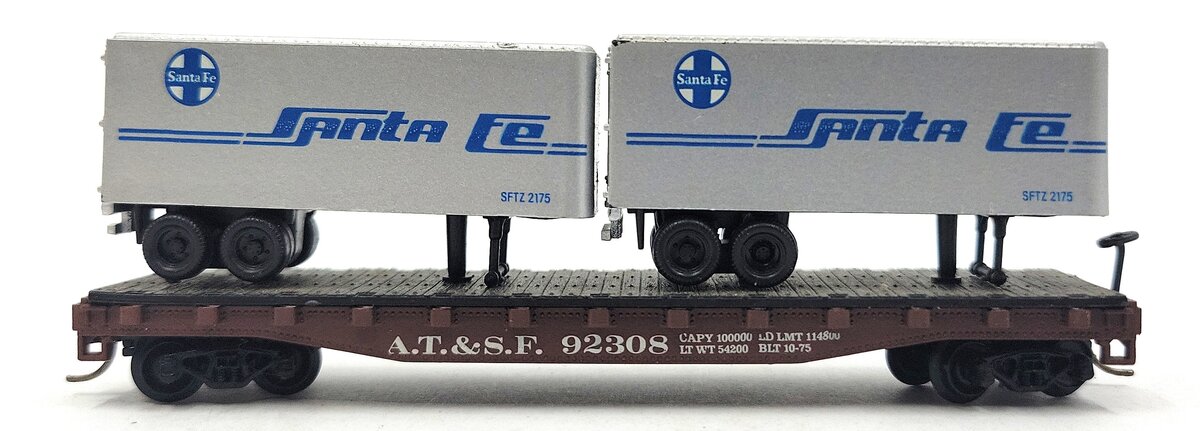 Atlas 3745 N Scale Santa Fe Piggyback Flatcar w/Trailers #92308 EX/Box