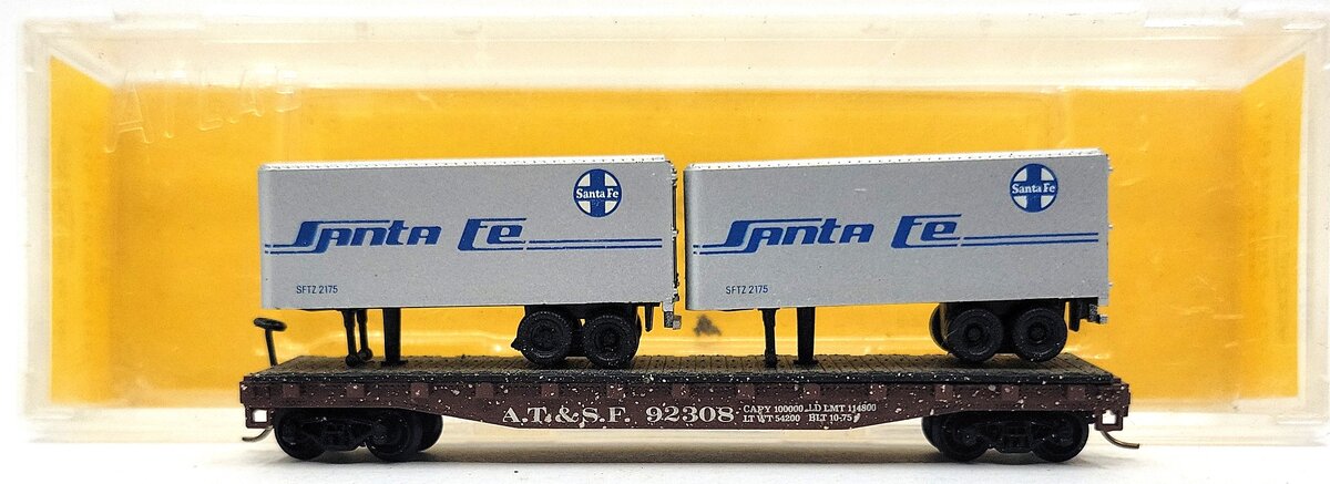 Atlas 3745 N Scale Santa Fe Piggyback Flatcar w/Trailers #92308 EX/Box