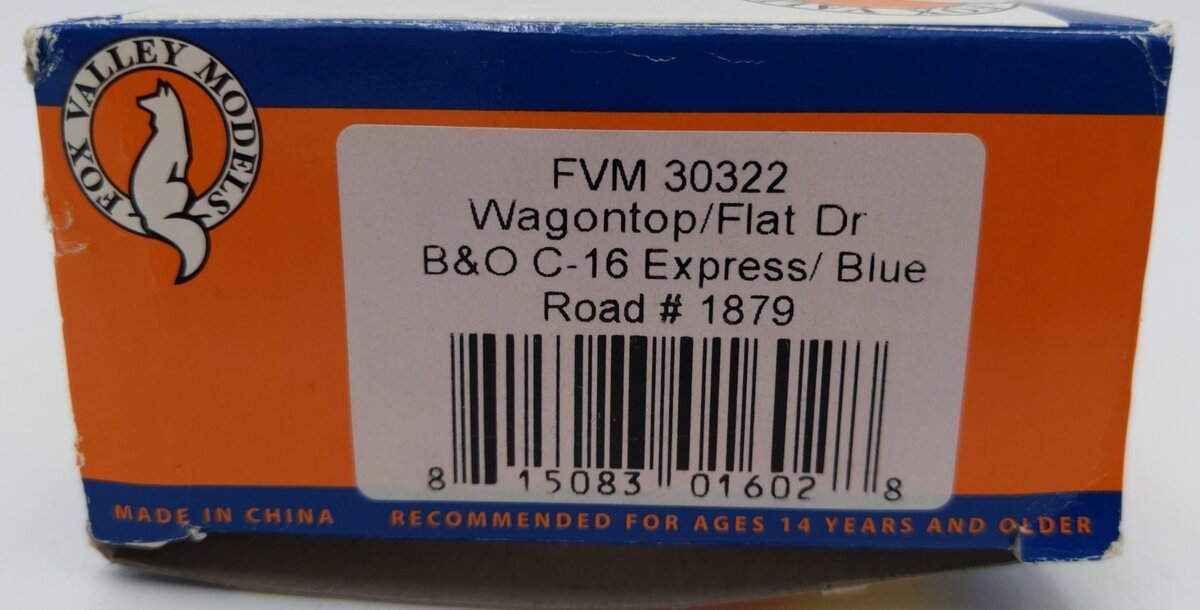 Fox Valley Models 30322 HO Scale B&O Wagontop Flat Dr C-16 Express Box Car #1879 VG/Box