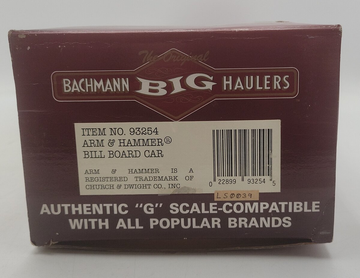 Bachmann 93254 G Scale Arm & Hammer Bill Board Box Car #208 EX/Box
