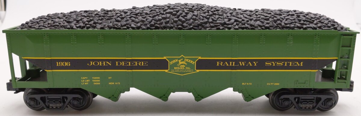 MTH 30-4094-0 O Gauge John Deere Hopper Car w/ Coal Load #1936 LN