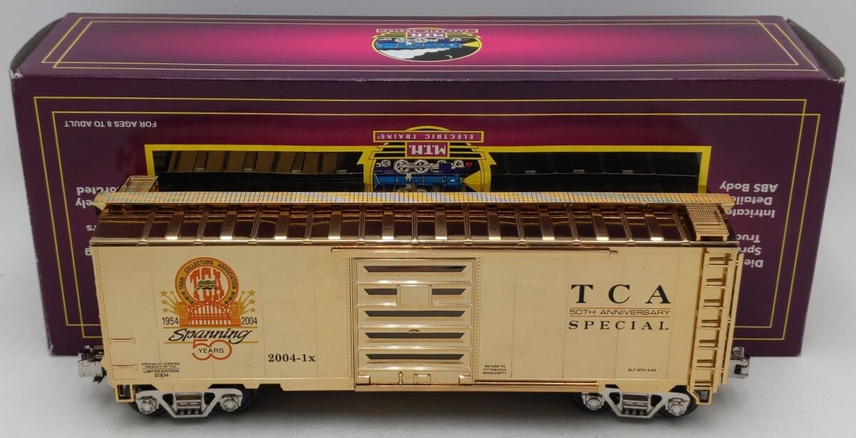 MTH 20-93190 O Gauge TCA 50th Anniversary 18k Gold Box Car EX/Box