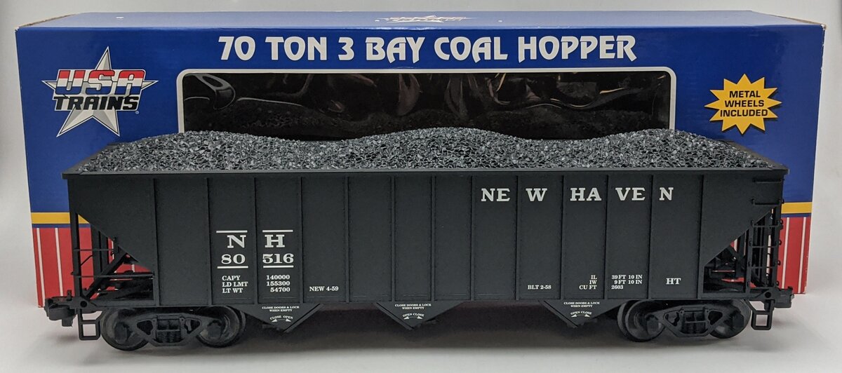 USA Trains 14010 G New Haven 70-Ton 3-Bay Coal Hopper with Coal Load VG/Box