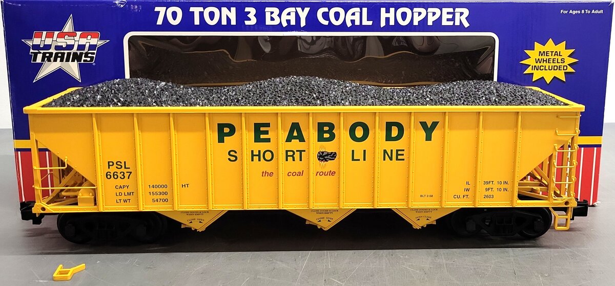 USA Trains R14019 G Peabody 70-Ton 3-Bay Coal Hopper with Coal Load #6637 EX/Box
