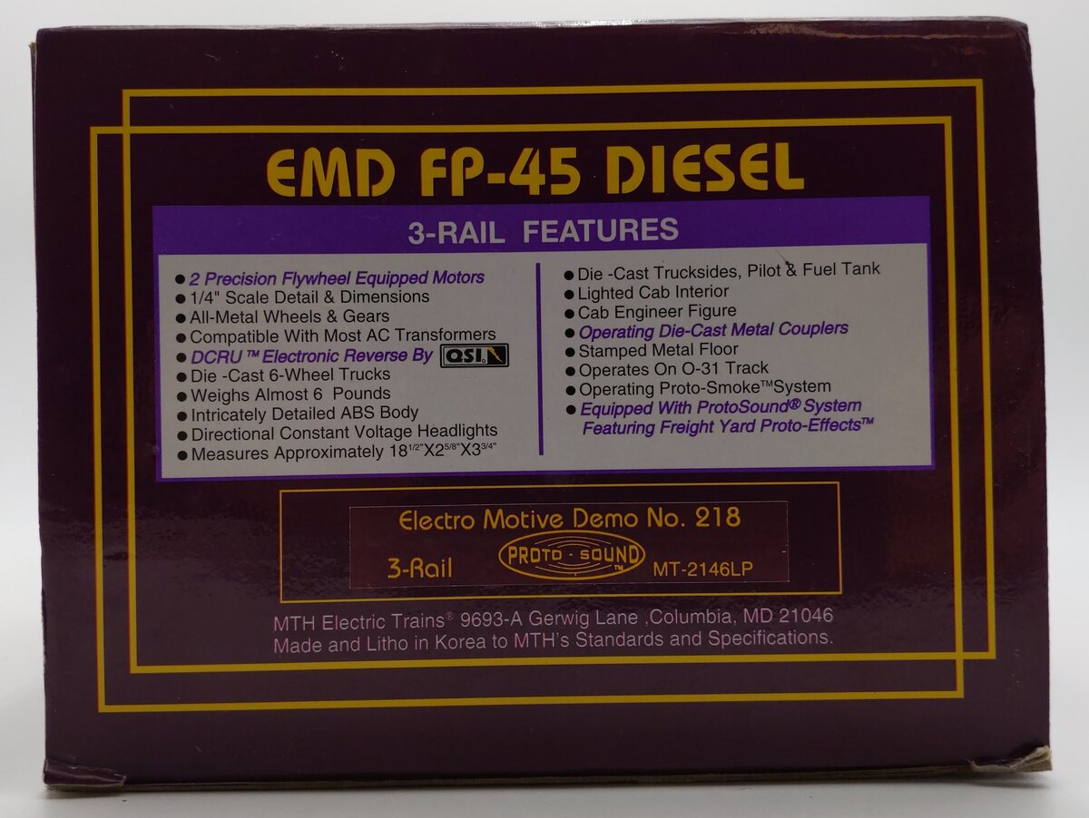 MTH 20-2146-1 Demonstrator EMD FP-45 Diesel Engine w/PS 1.0 #218 VG/Box