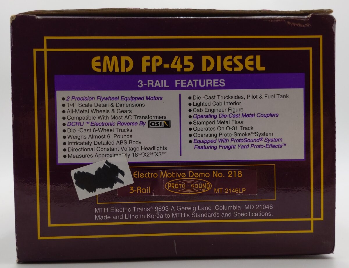 MTH 20-2146-1 Demonstrator EMD FP-45 Diesel Engine w/PS 1.0 #218 VG/Box