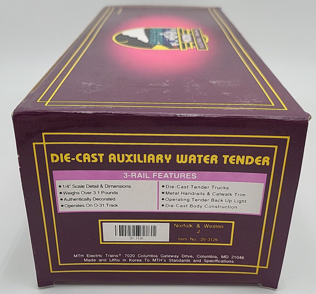 MTH 20-3126 O Gauge Norfolk & Western J-Class Auxiliary Water Tender EX/Box