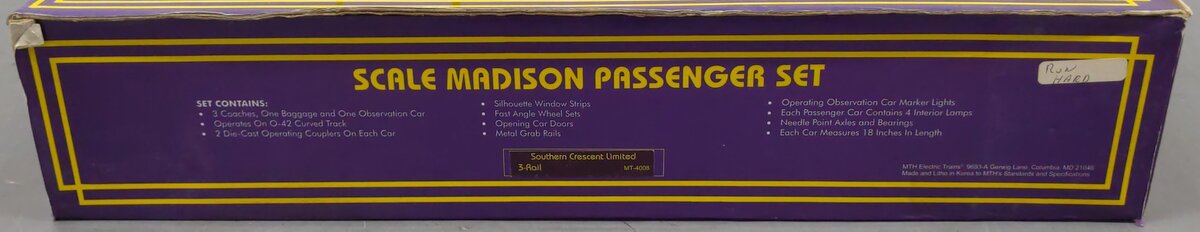 MTH 20-4008 O Gauge Southern Crescent Limited 70' Madison Passenger 5-Car Set EX/Box