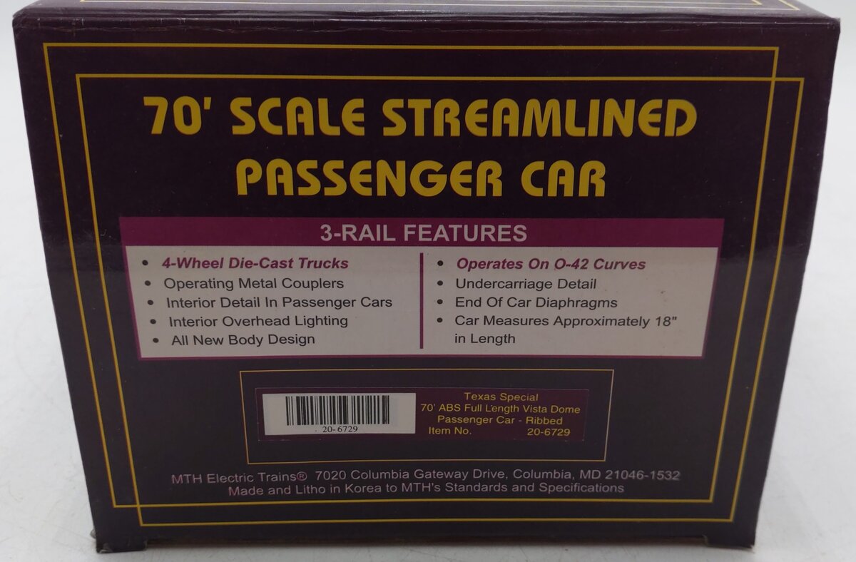MTH 20-6729 Texas Special Full Vista Dome Car LN/Box