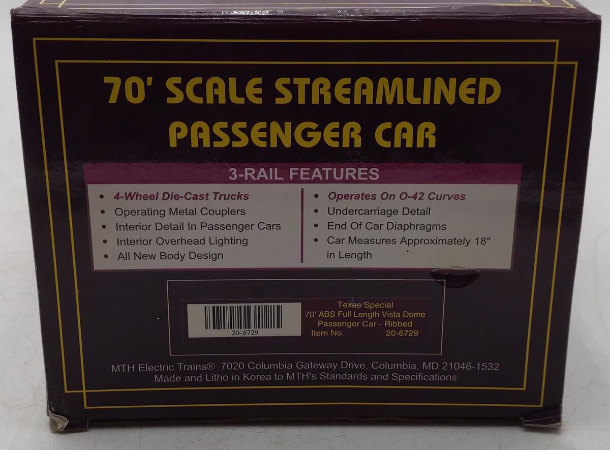 MTH 20-6729 Texas Special Full Vista Dome Car LN/Box