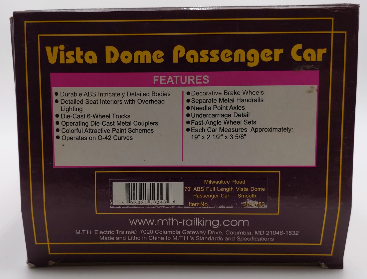 MTH 20-6752 O Gauge Milwaukee Road 70' Full Length Vista Dome Passenger Car #53/Box