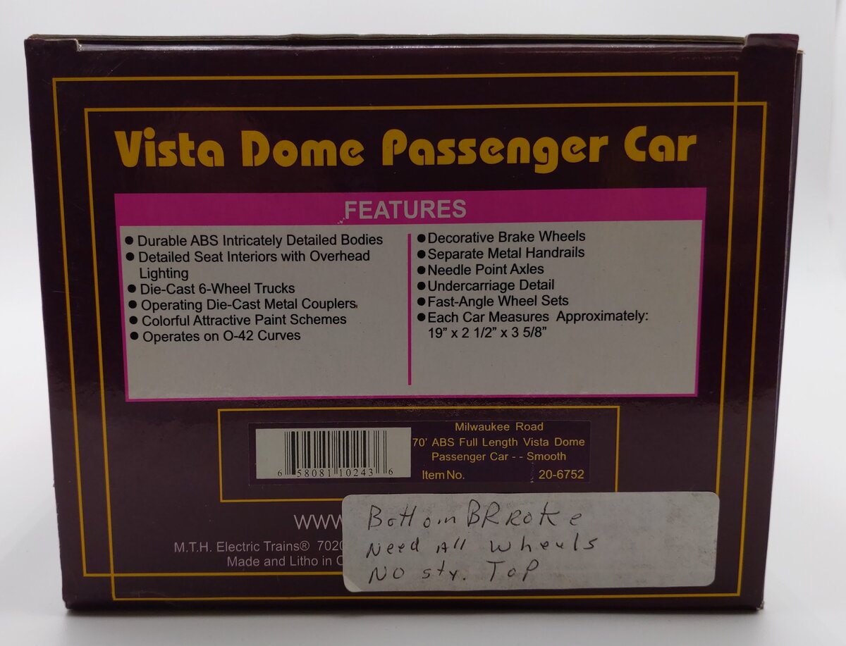MTH 20-6752 O Gauge Milwaukee Road 70' Full Length Vista Dome Passenger Car #53/Box