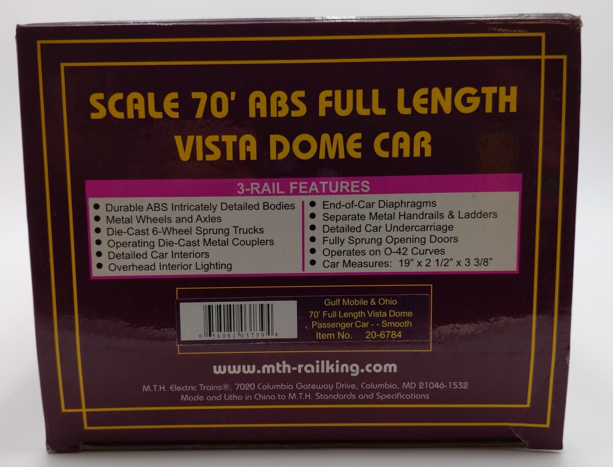MTH 20-6784 GMO 70'' ABS Full Length Vista Dome Passenger Car EX/Box