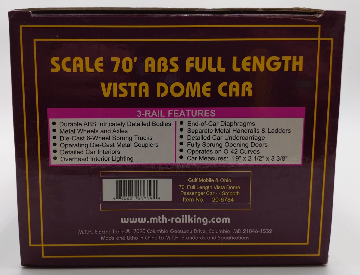 MTH 20-6784 GMO 70'' ABS Full Length Vista Dome Passenger Car EX/Box