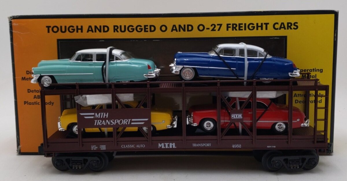 MTH 30-7628 O Gauge Auto Carrier Flatcar with 4 Ertl Cars #4952 EX/Box