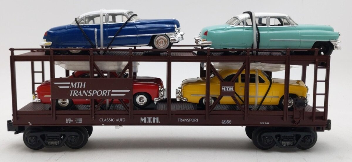 MTH 30-7628 O Gauge Auto Carrier Flatcar with 4 Ertl Cars #4952 EX/Box