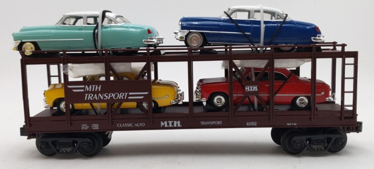 MTH 30-7628 O Gauge Auto Carrier Flatcar with 4 Ertl Cars #4952 EX/Box