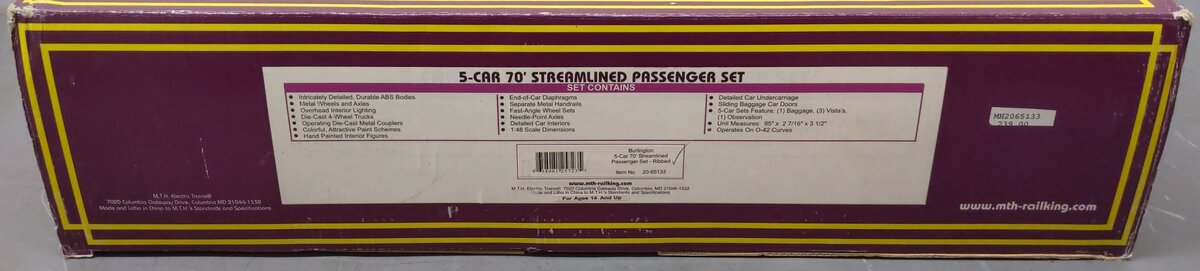 MTH 20-65133 O Burlington 70' Streamlined Ribbed Sided Passenger Set (Set of 5) EX/Box