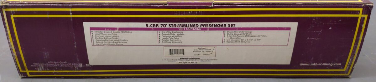 MTH 20-65133 O Burlington 70' Streamlined Ribbed Sided Passenger Set (Set of 5) EX/Box