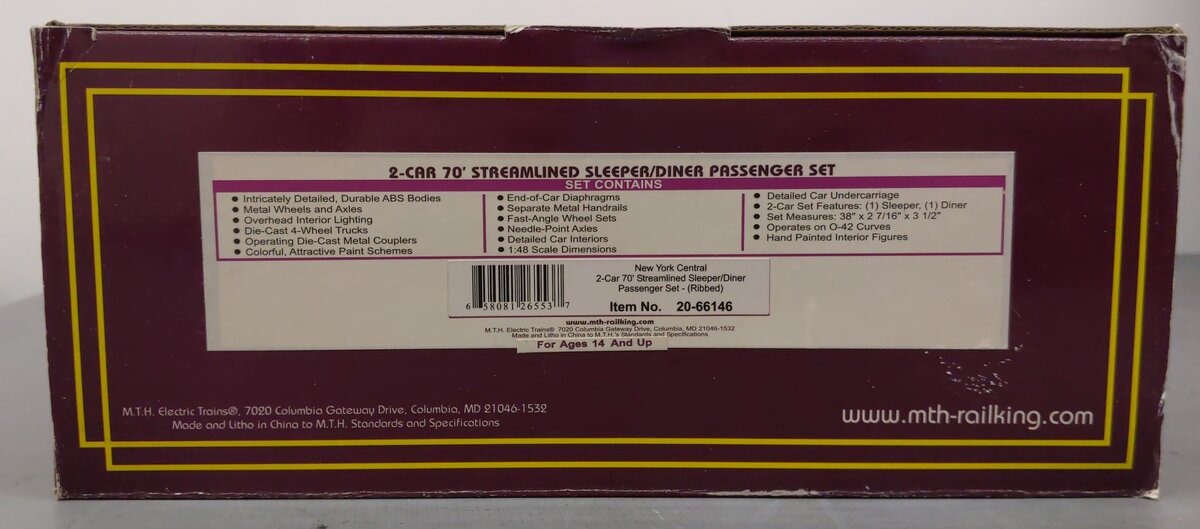 MTH 20-66146 O New York Central 70' Streamlined Sleeper/Diner Set (Set of 2) LN/Box