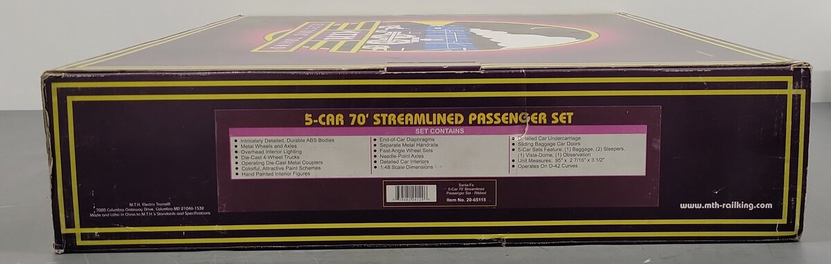 MTH 20-65115 O Santa Fe 70' Streamlined Ribbed Sided Passenger Car Set LN/Box