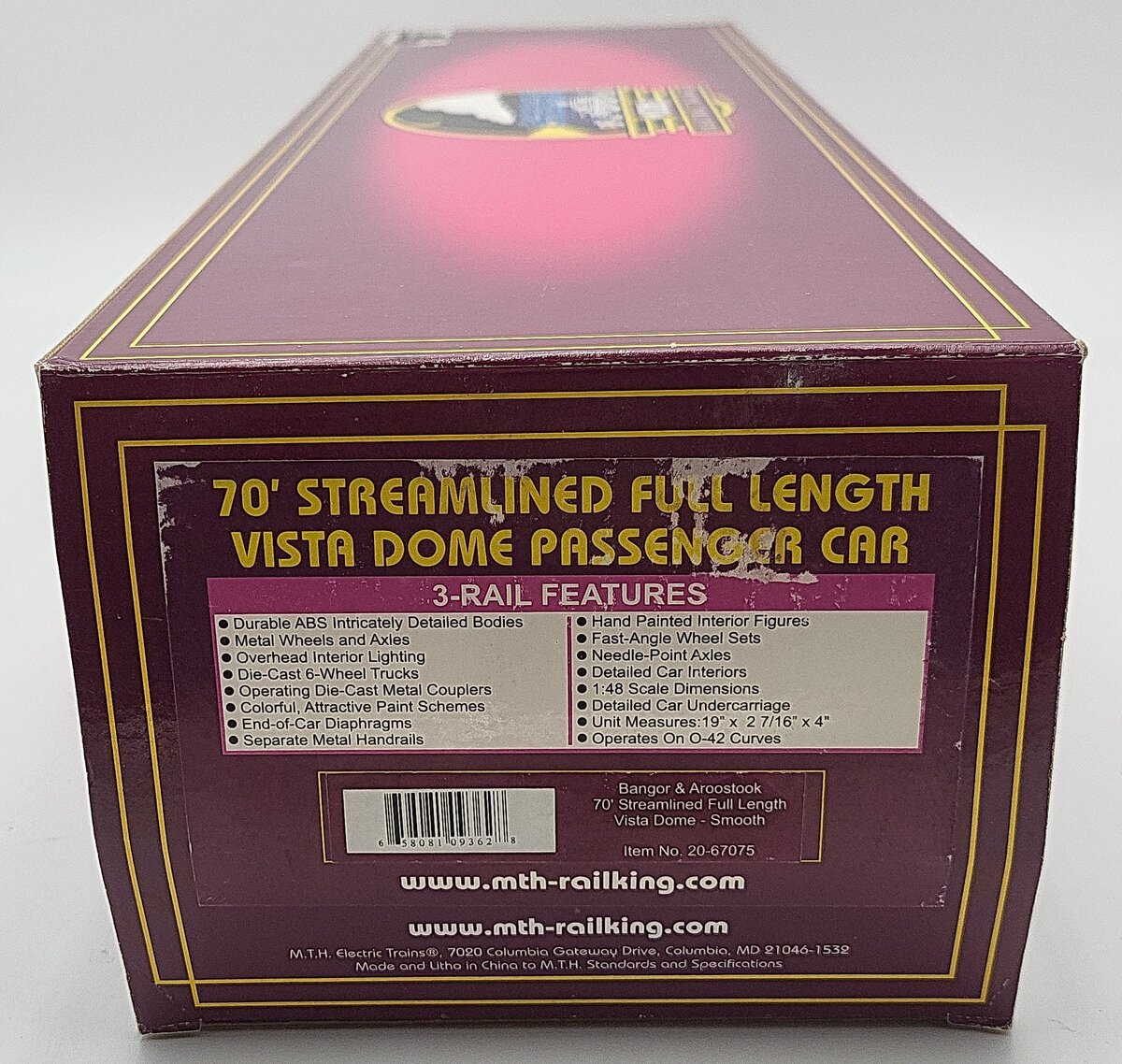 MTH 20-67075 Bangor & Aroostook 70' Streamlined Full Length Vista Dome- Smooth EX/Box