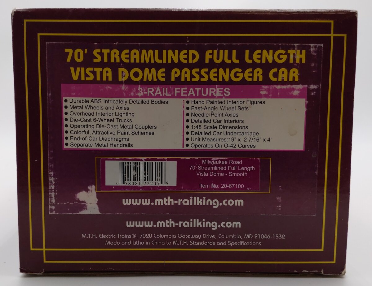 MTH 20-67100 Milwaukee 70' ABS Full Length Vista Dome Car EX/Box