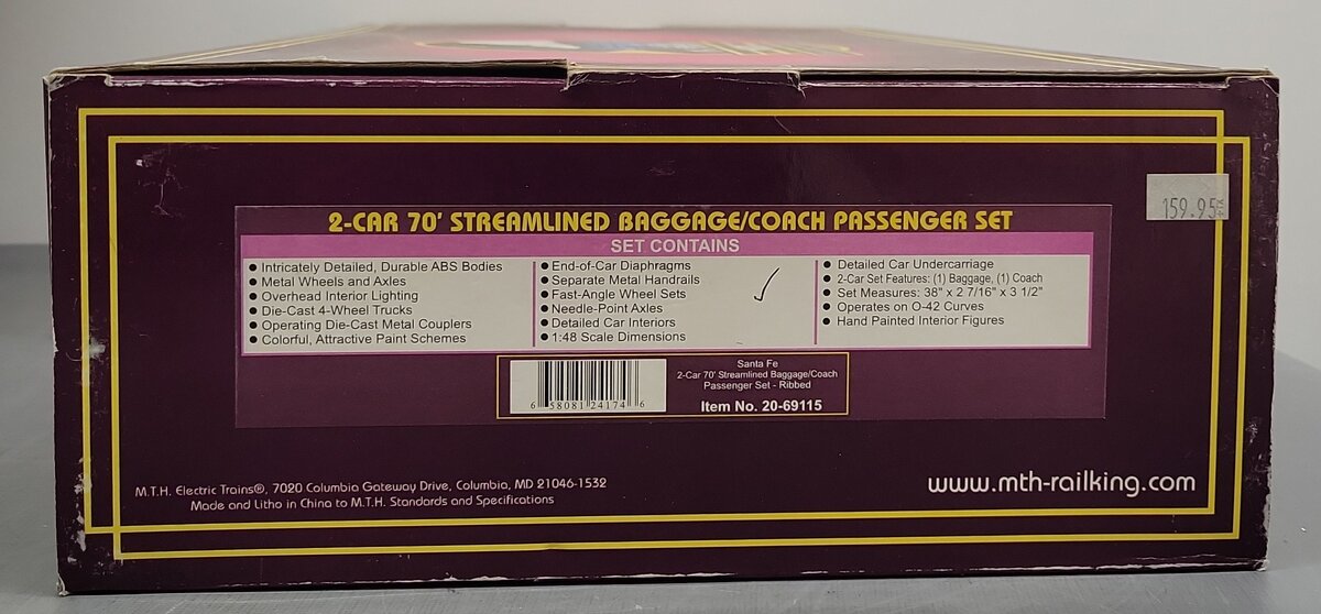 MTH 20-69115 O SF 70' Streamlined Baggage/Coach Ribbed Passenger Cars (Set of 2) LN/Box