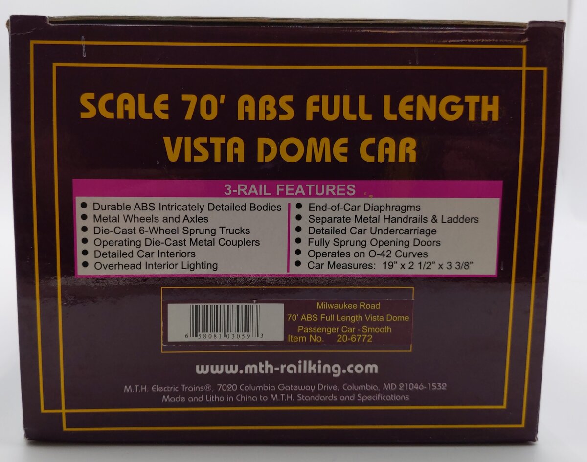 MTH 20-6772 O Gauge Custom Milwaukee Road Vista Dome Car/Box