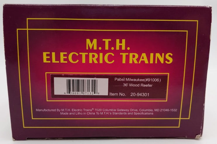 MTH 20-94301 O Gauge Pabst Milwaukee 36' Woodside Reefer Car #91006 VG/Box
