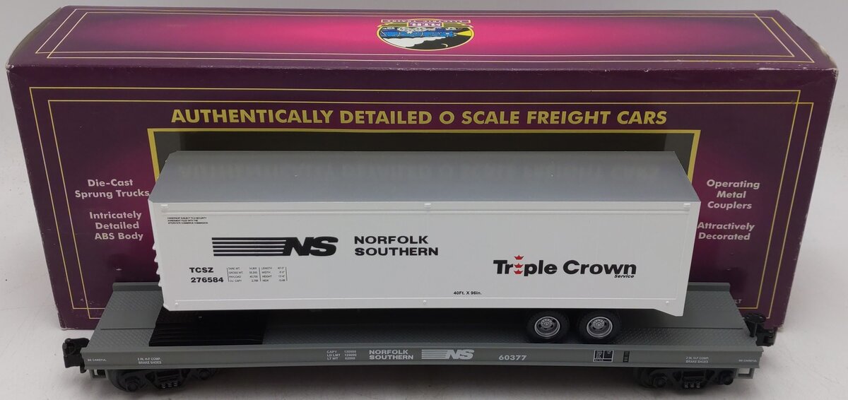MTH 20-98123 O Gauge Norfolk Southern Flatcar w/40' Trailer #60377 EX/Box
