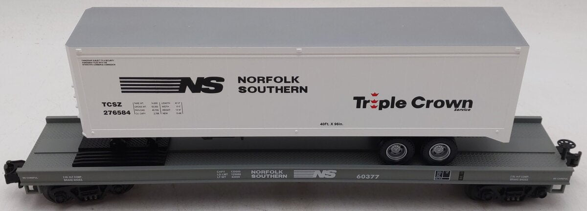 MTH 20-98123 O Gauge Norfolk Southern Flatcar w/40' Trailer #60377 EX/Box