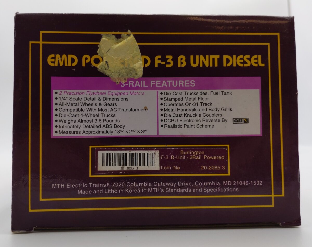 MTH 20-2085-3 O Gauge Burlington F-3 B-Unit Powered Diesel Engine LN/Box