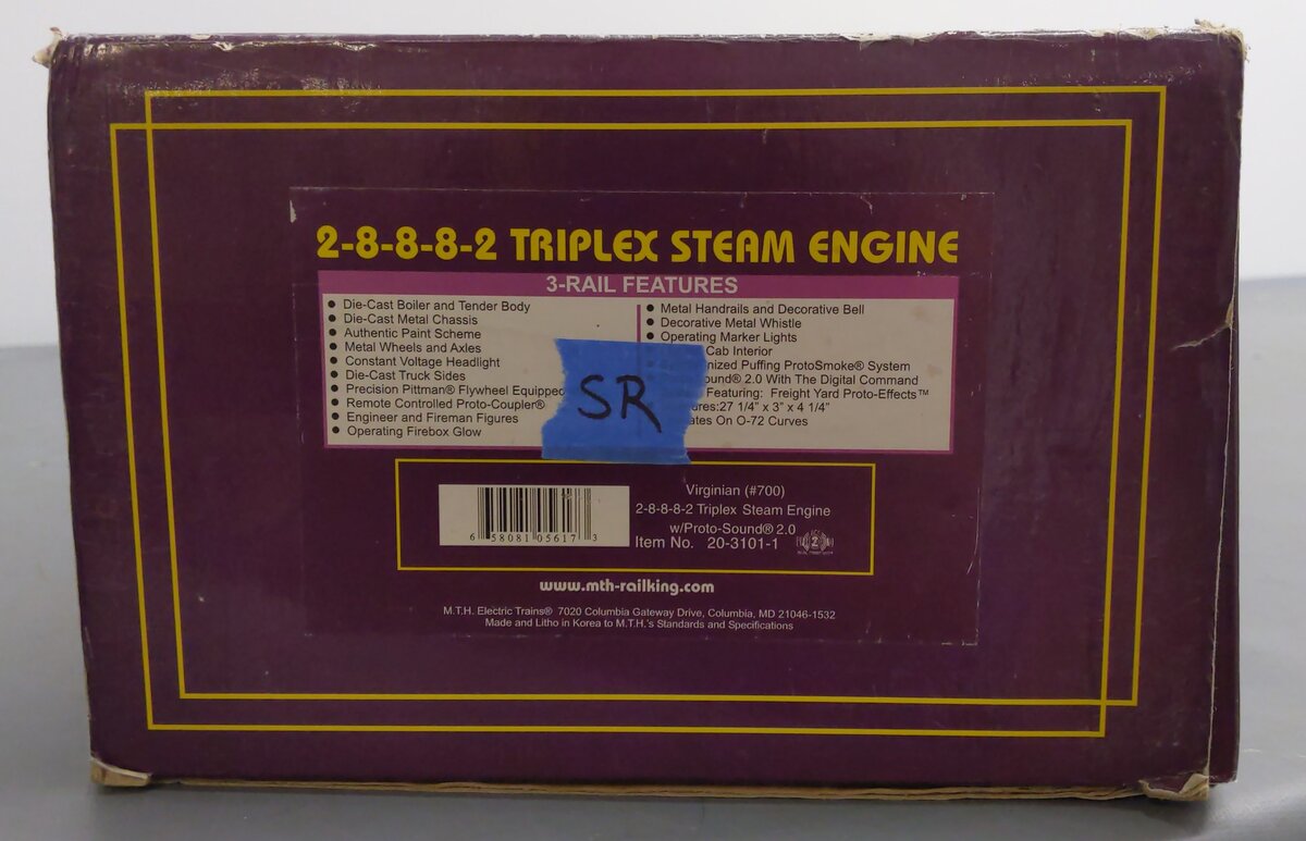 MTH 20-3101-1 O Virginian 2-8-8-8-2 Triplex Steam Locomotive & Tender #700 w PS2 LN/Box