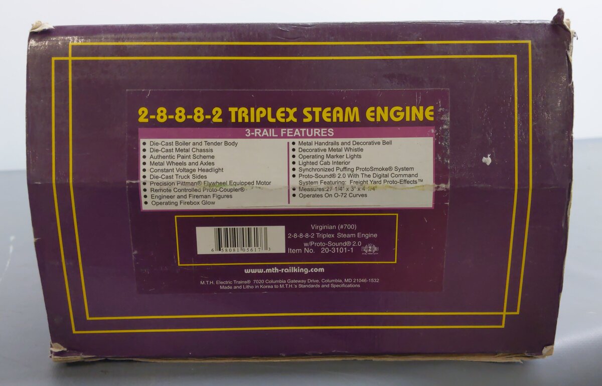 MTH 20-3101-1 O Virginian 2-8-8-8-2 Triplex Steam Locomotive & Tender #700 w PS2 LN/Box