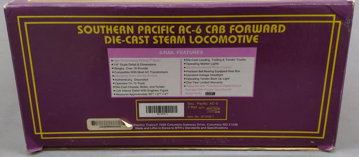 MTH 20-3125-1 O Southern Pacific AC-6 Cab-Forward Steam Engine & Tender w/PS1 EX/Box