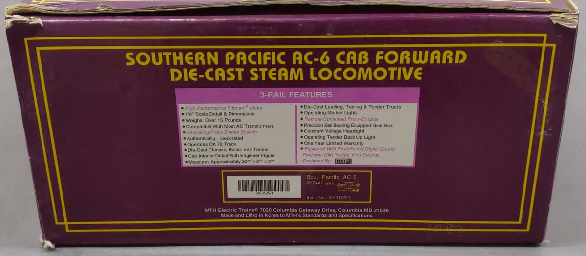 MTH 20-3125-1 O Southern Pacific AC-6 Cab-Forward Steam Engine & Tender w/PS1 EX/Box