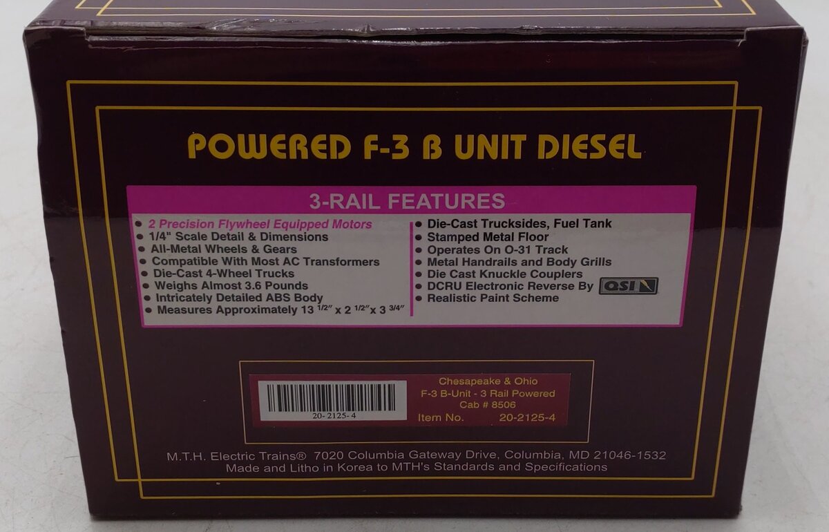 MTH 20-2125-4 O Gauge Chesapeake & Ohio F-3 B-Unit Diesel Engine EX/Box