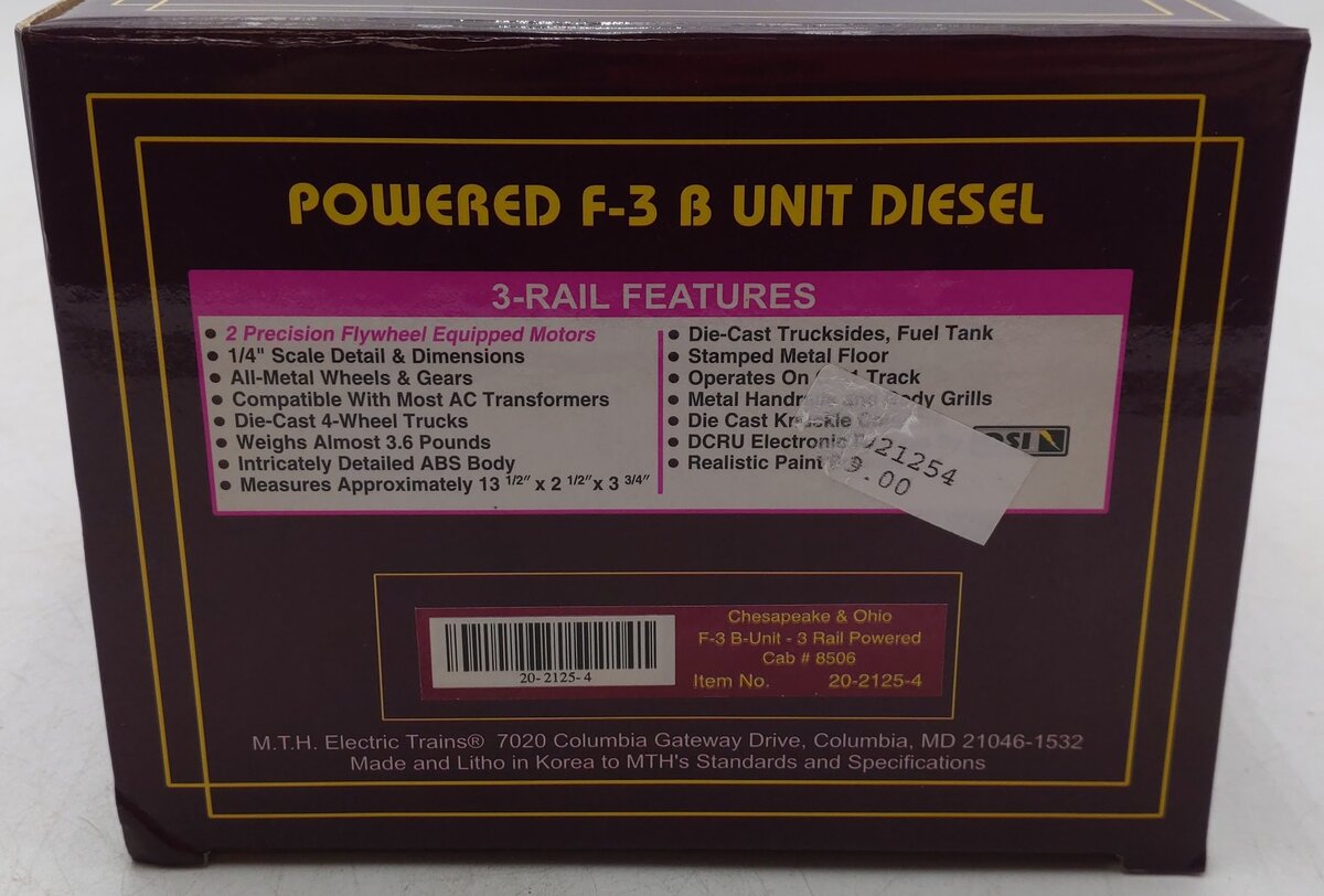 MTH 20-2125-4 O Gauge Chesapeake & Ohio F-3 B-Unit Diesel Engine EX/Box