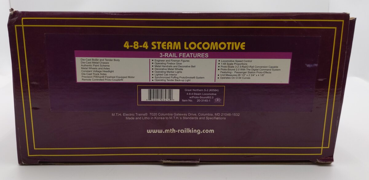 MTH 20-3145-1 O Great Northern S-2 4-8-4 Steam Locomotive & Tender #2584 w/PS2 EX/Box