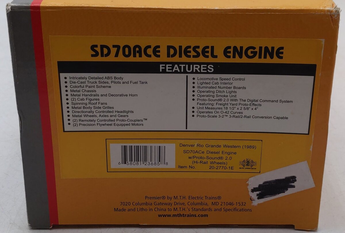 MTH 20-2770-1E D&RGW SD70ACe Diesel Engine w/Proto-Sound 2.0 #UP1989 LN/Box