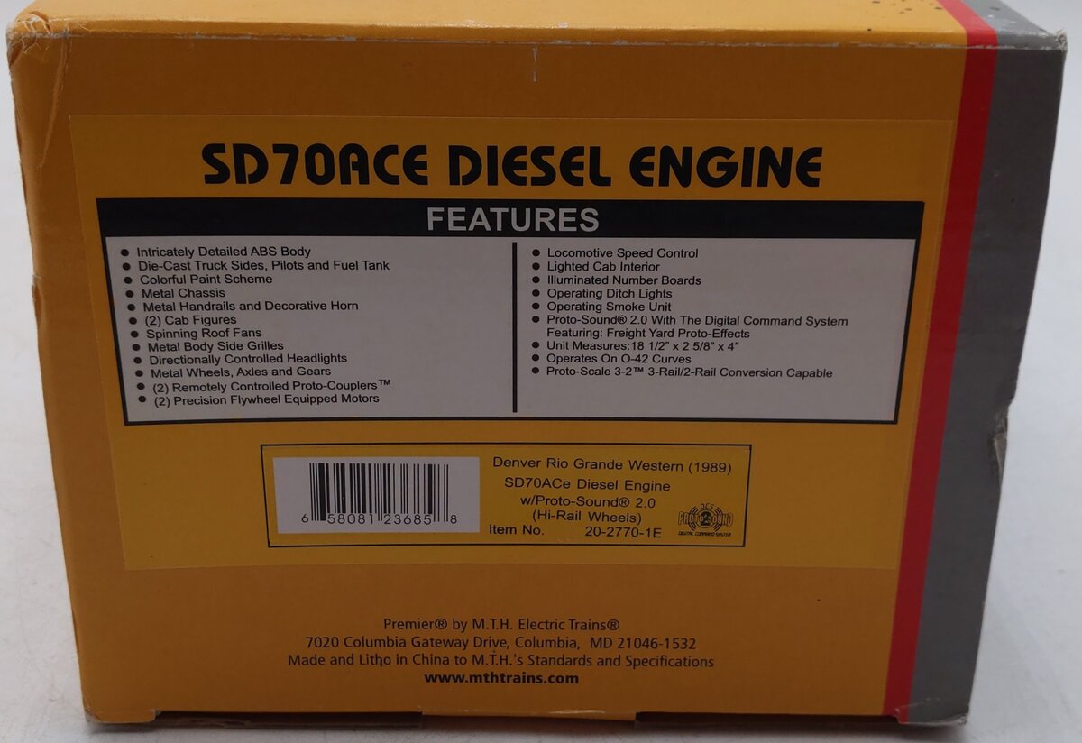 MTH 20-2770-1E D&RGW SD70ACe Diesel Engine w/Proto-Sound 2.0 #UP1989 LN/Box