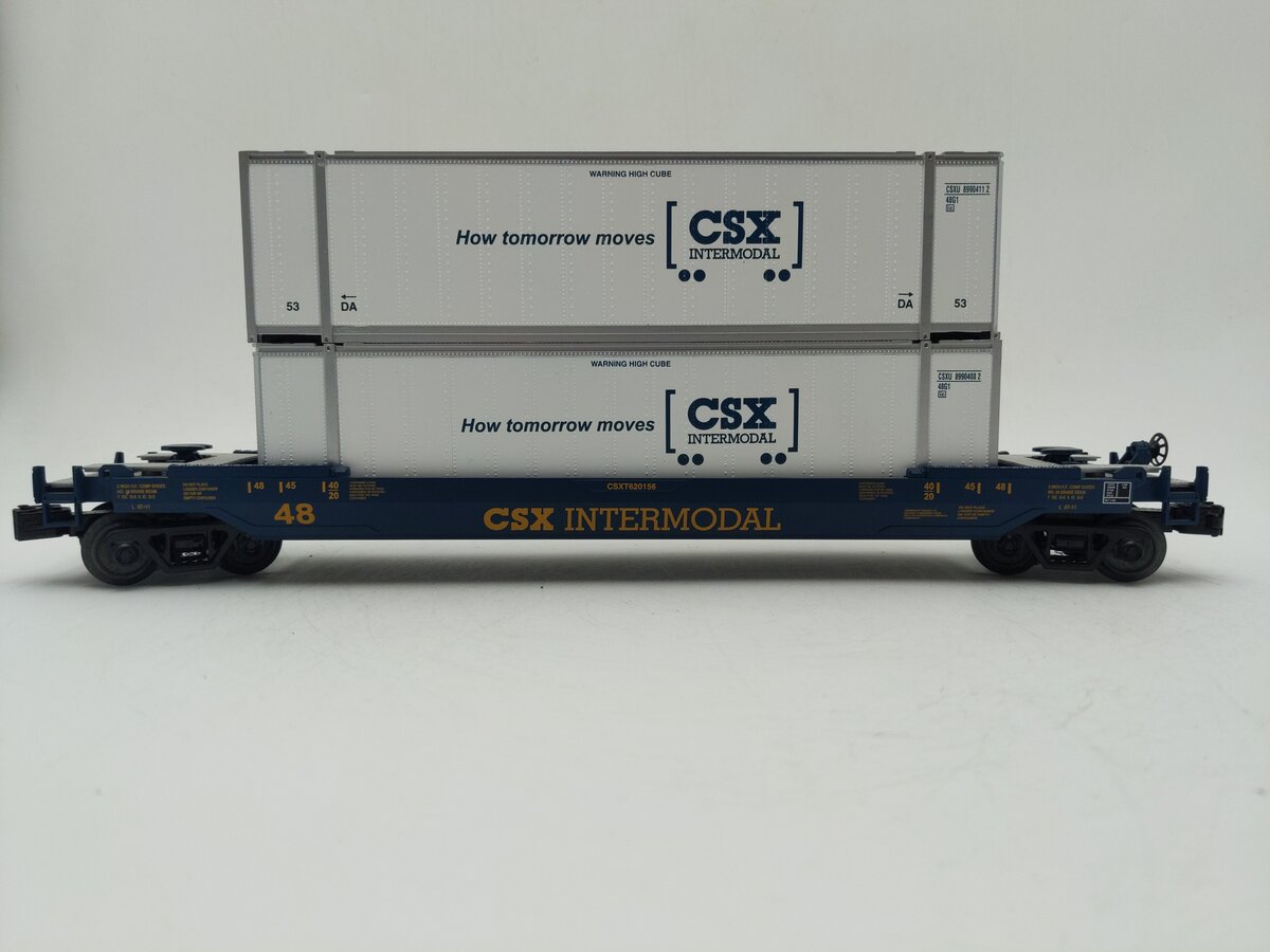 MTH 30-4213A O Gauge CSX Husky Stack Car w/ Intermodal Containers #620156 EX