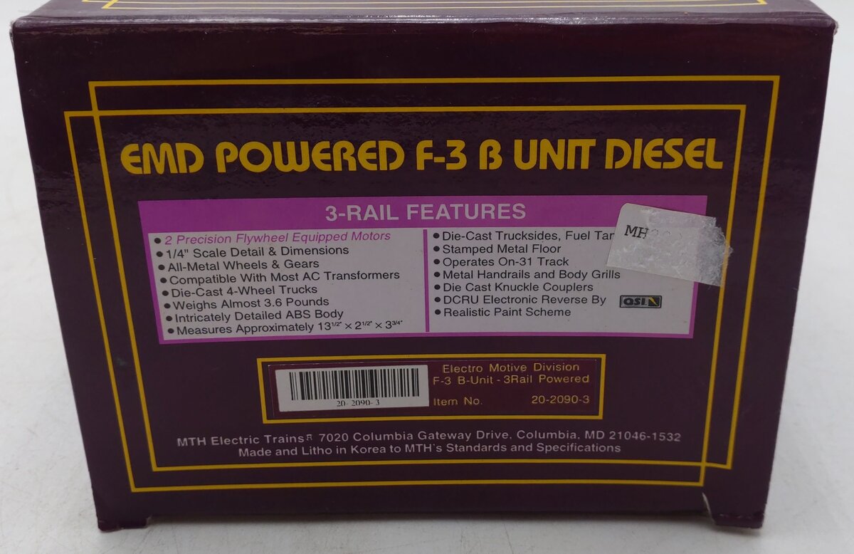 MTH 20-2090-3 Electro Motive Division F-3 B-Unit Powered Diesel Engine - 3-Rail EX/Box