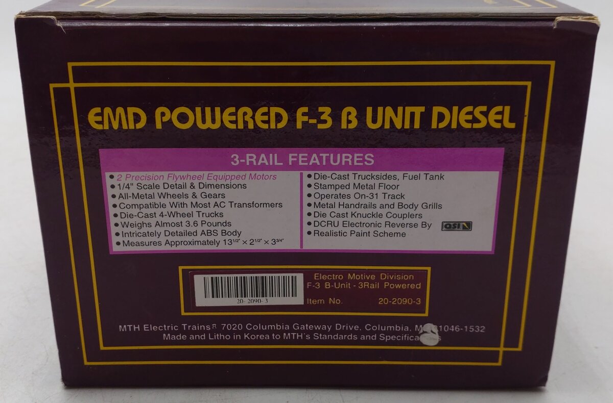 MTH 20-2090-3 Electro Motive Division F-3 B-Unit Powered Diesel Engine - 3-Rail EX/Box