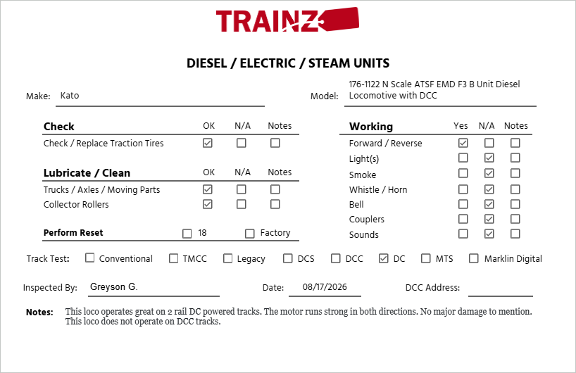 Kato 176-1122 N Scale ATSF EMD F3 B Unit Diesel Locomotive with DCC LN/Box